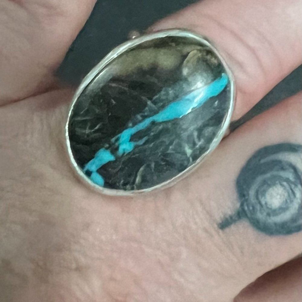 Natural Viking Ribbon Turquoise on Sterling Silver Ring, Statement Ring US 8 1/2